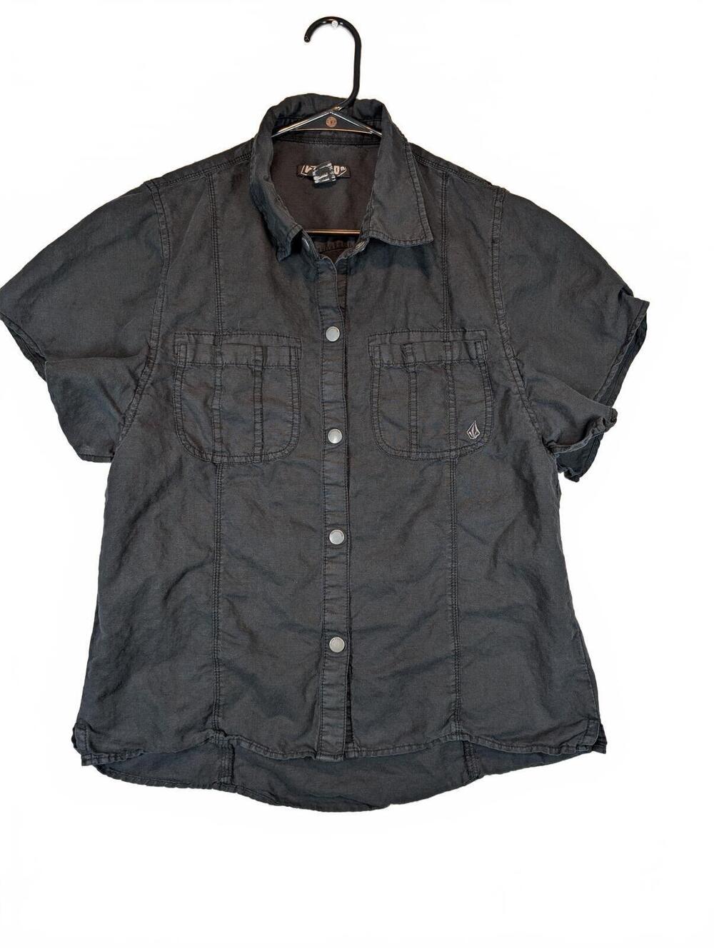 Volcom Button Front Linen Cotton Short Sleeve Collared Shirt Womens Size 12 Y2K
